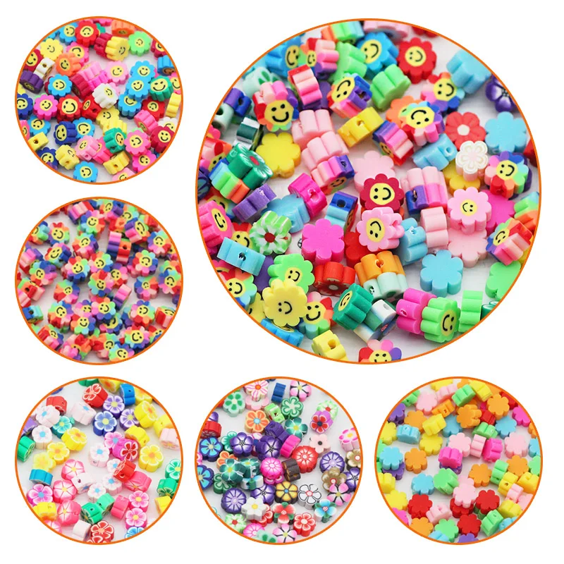 50pcs Mix Color Flower Smile Beads Polymer Clay Spacer Loose Beads For Jewelry Making Handmade DIY Bracelet Necklace Accessories