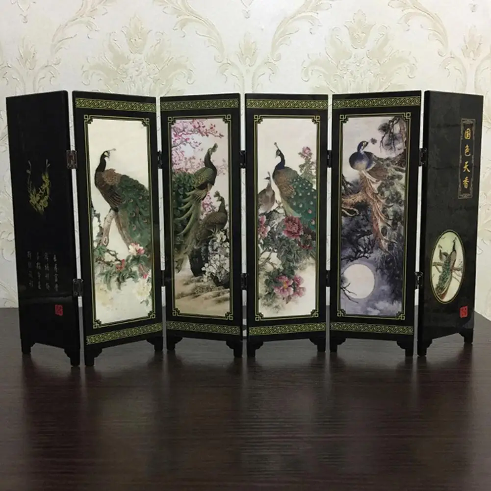 Chinese Style Wooden Decorative Screen 6-Panel Peacock Folding Screen Room Divider Folding Partition Screens Decoration for home