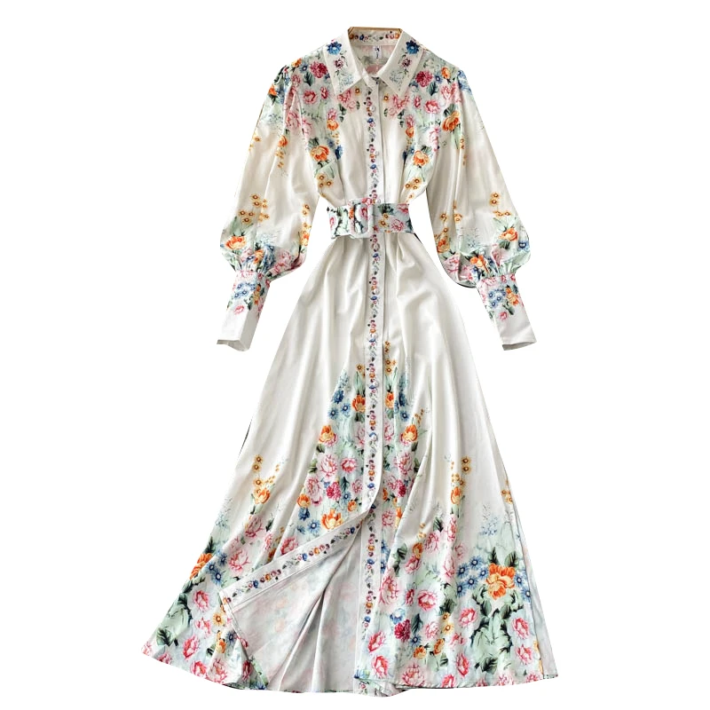 Designer Runway Spring Bohemian Maxi Dress Women\'s Long Sleeve Single Breasted Vintage Floral Print Elegant Long Dress With Belt