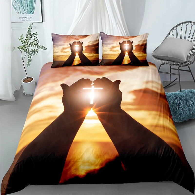 Luxury Bedding 3d Scenic  Set Sunset Sunrise Duvet Cover Pillowcase Home Textile Beach   3pcs Cross  Linen