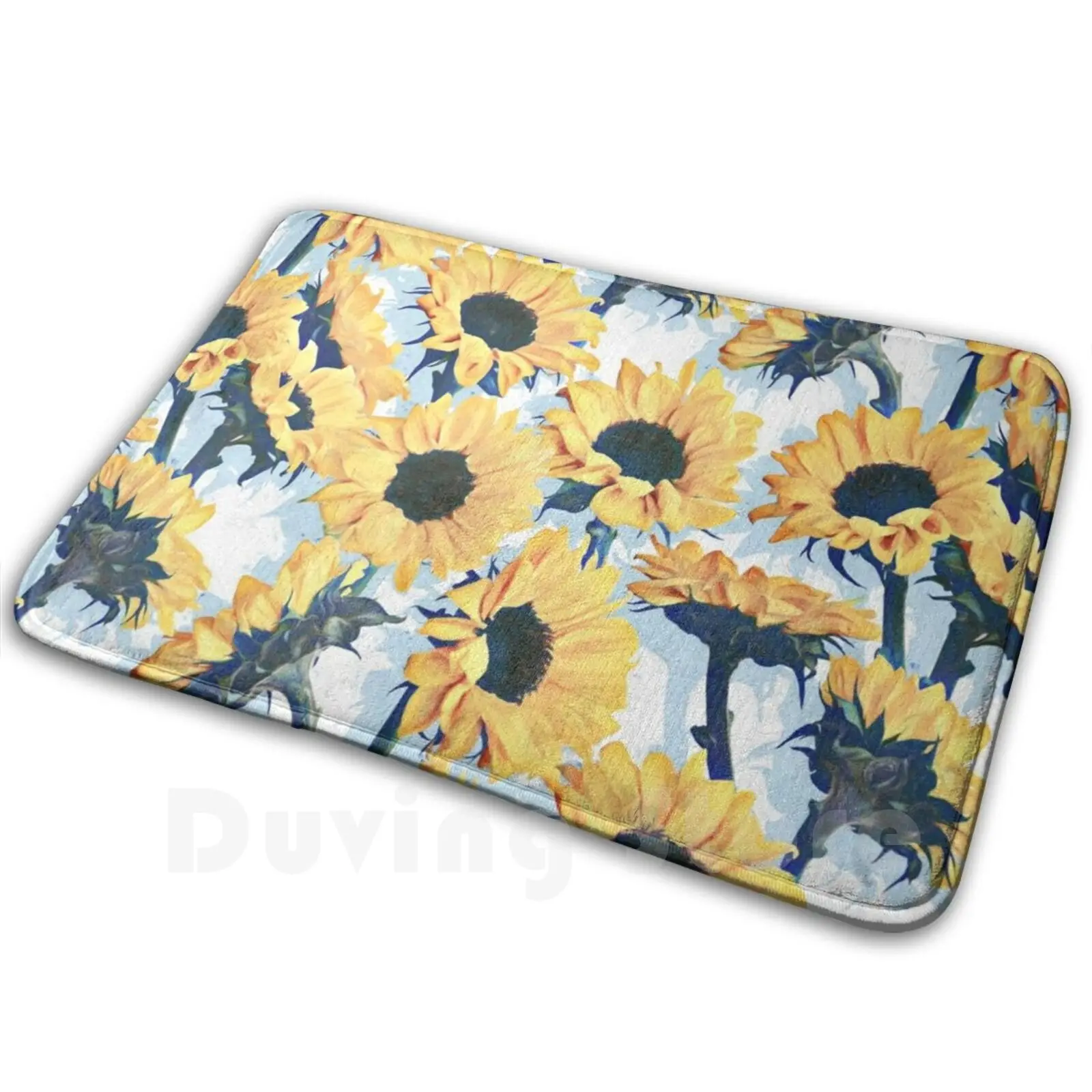 Sunflowers On Pale Blue And White Carpet Mat Rug Cushion Soft Non-Slip Sunflower Pattern Texture Yellow Mustard Navy