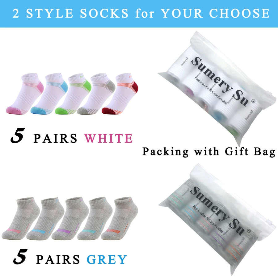 5 Paires/lot Chaussettes De Sport Femmes Coton Mignon Coloré À Rayures de Course Athlétique Gymnastique En Plein Air Blanc Chaussette Fille Voyage 2 Styles Offre Spéciale