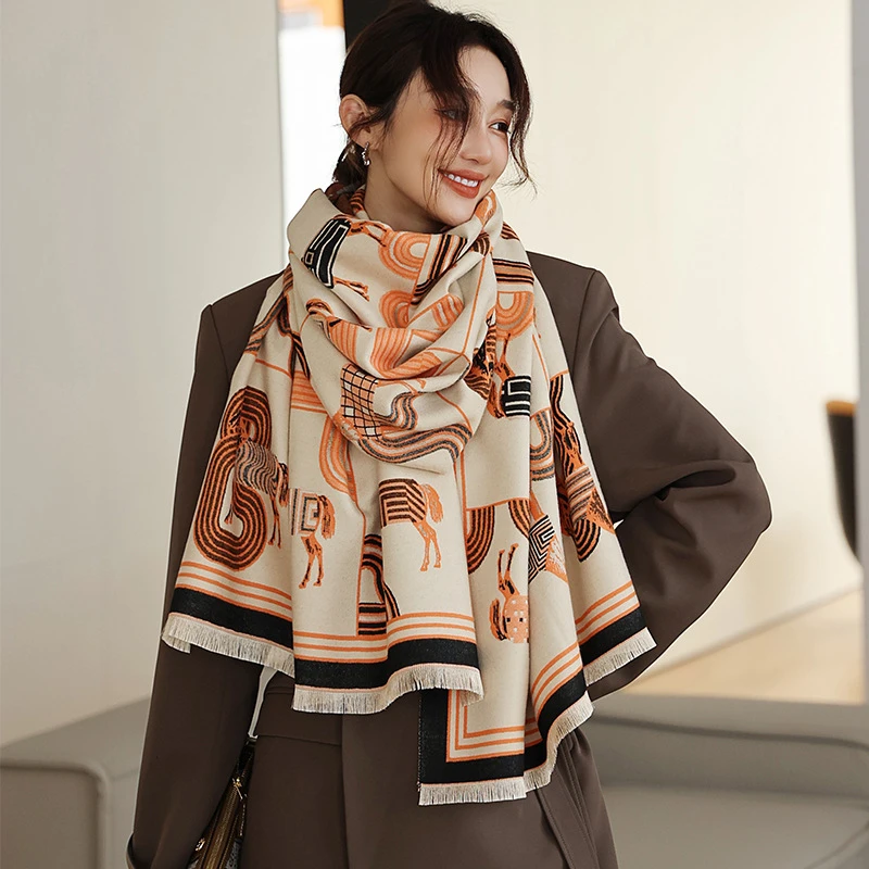 Scarf Women's Autumn and Winter Cashmere Like Long V-shaped Color Matching Warm and Thickened Shawl Korean Students