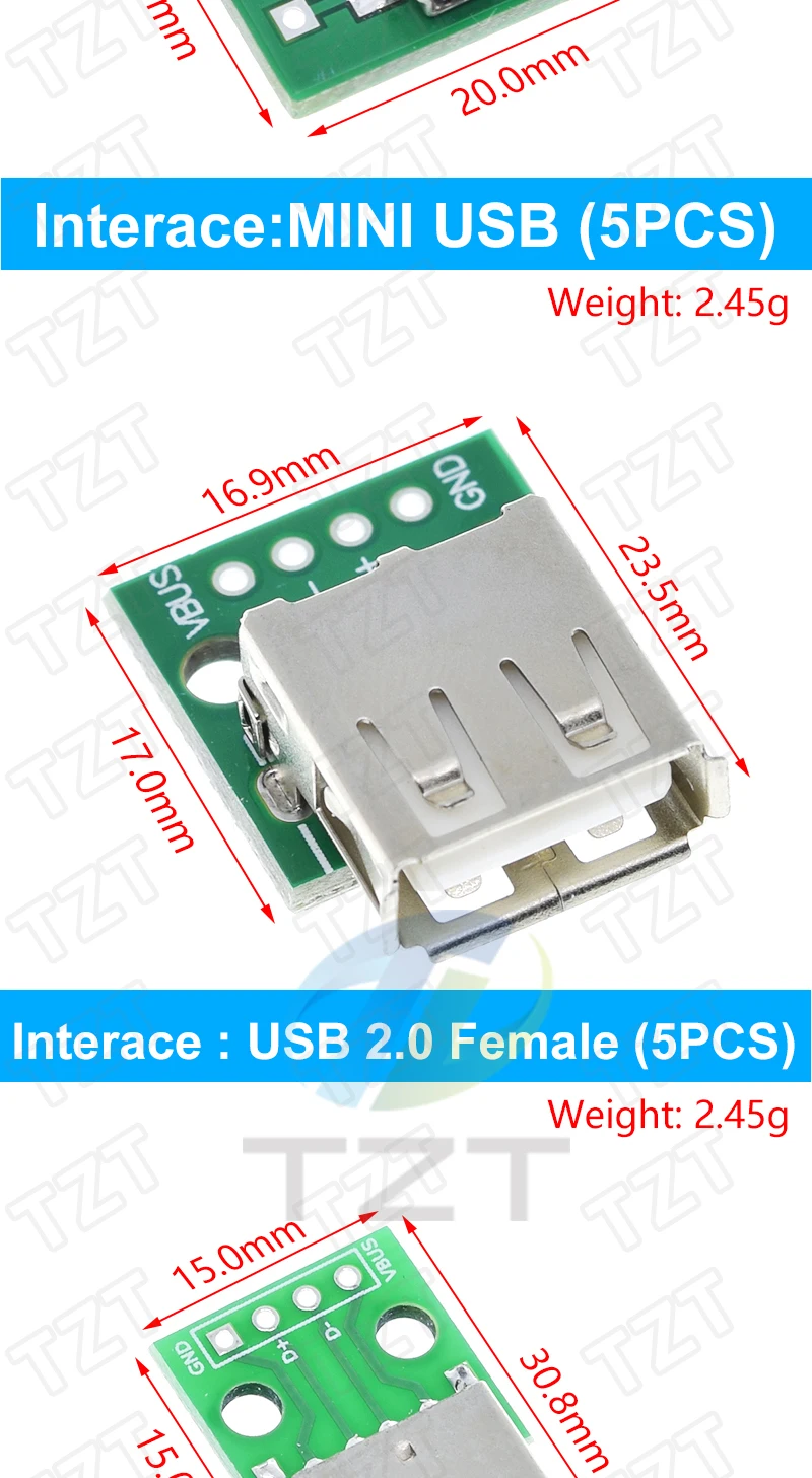 TZT USB-Stecker / MINI MICRO USB auf DIP-Adapter, Buchse 2,54 Stecker B Typ-C USB2.0 3.0 Buchse Konverter – Detail 2