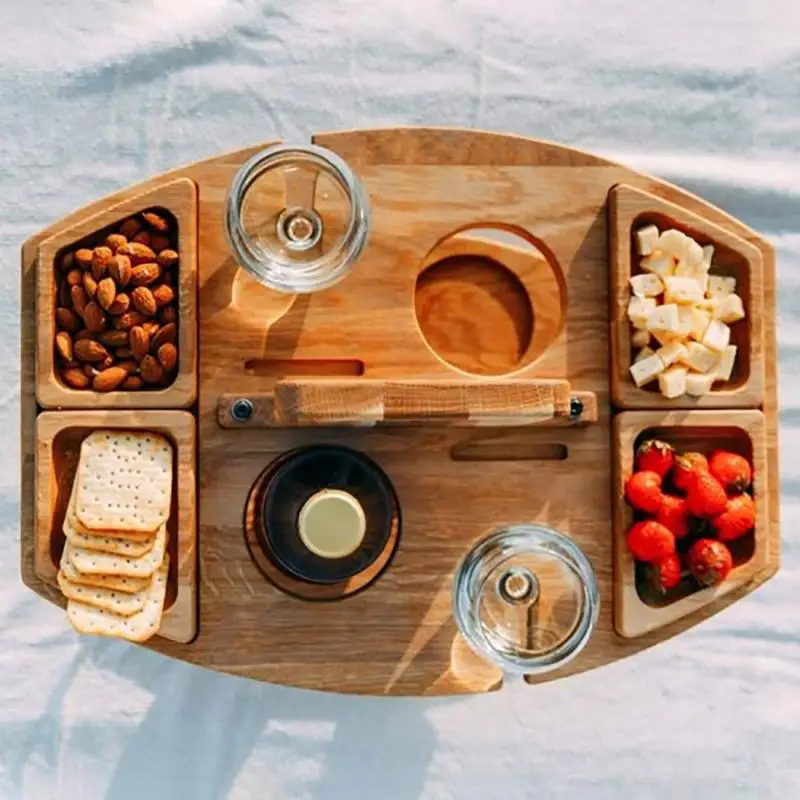 Wooden Portable Outdoor Folding Table Fruit Snack Tray Camping Picnic Wine Table Removable Wine Glass Holder Picnic Table