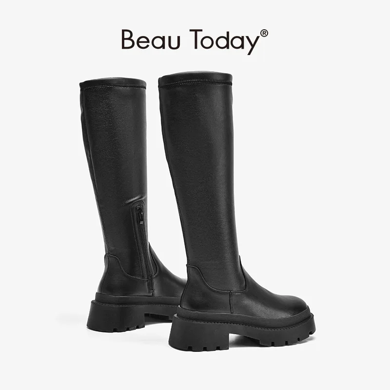 

BeauToday Platform Long Boots Women PU Cow Leather Patchwork Round Toe Side Zip Chunky Heel Winter Ladies Shoes Handmade 01536