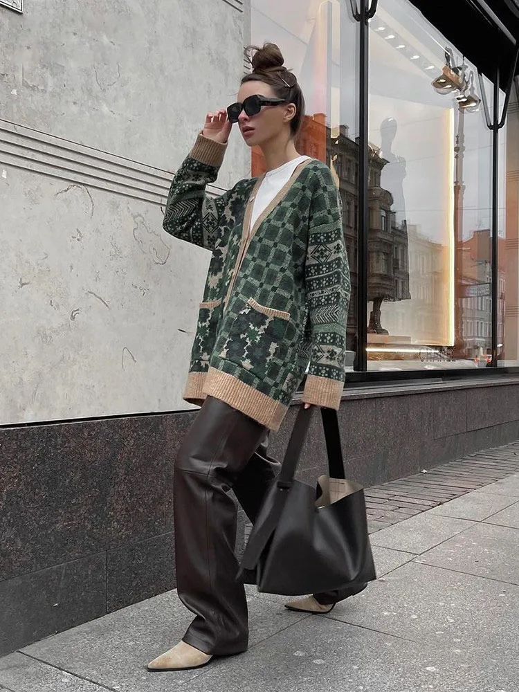 2021 ZA Green V Neck Cardigan Women Long Sleeve Oversized Autumn Winter Y2K Casual Sweater Knitted Loose Female