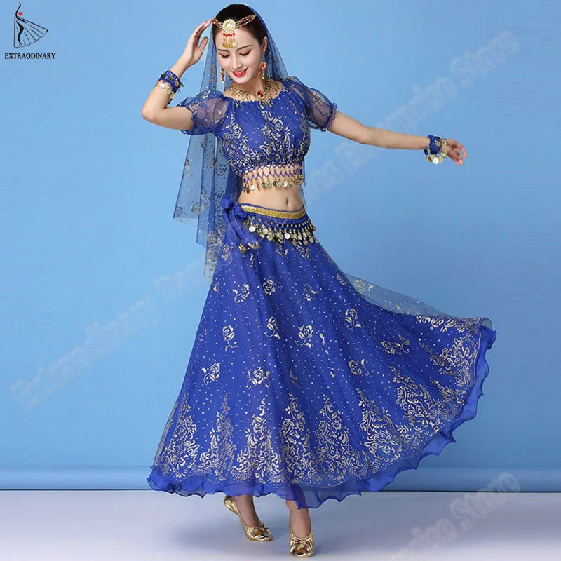 Bollywood Dress Costume Set Indian Sari Women Belly Dance Performance Clothes Chiffon Top+Belt+Skirt Outfit