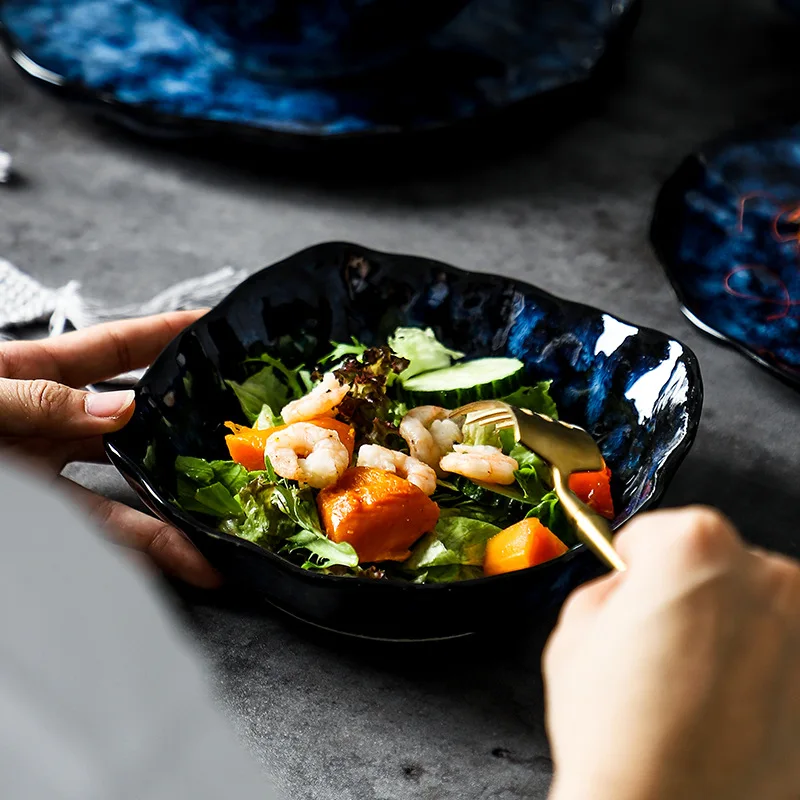 Ceramic Dinner Plates and Bowls, Blue Dishes, Creative Japanese Retro Kiln Changed Tableware Set, Dinnerware