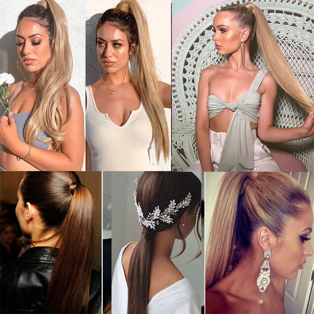 MERISI Synthetic Ponytail Long Straight Drawstring Ribbon Fake Hair Blonde Pony Tail Clip In Extensions Women Hairpieces