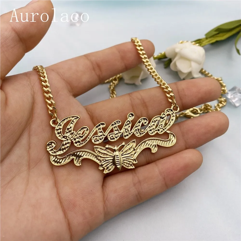 AurolaCo Custom Name Necklace Custom Gold and Silver Color Stainless Steel Thin Chain Nameplate Necklace for Women Gifts