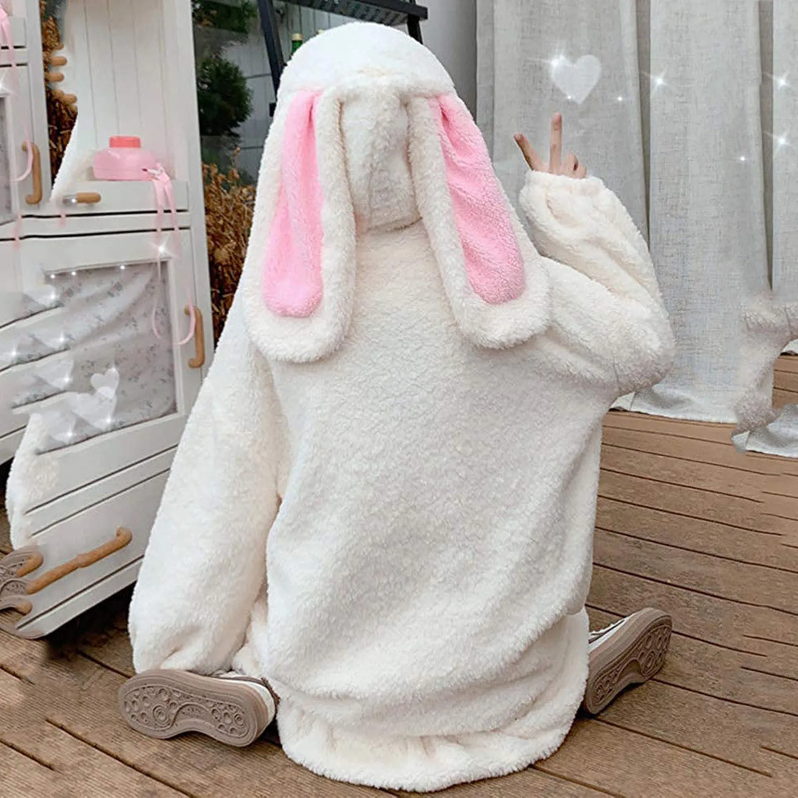 Flannel Bunny Ears Hoodies For Woman Winter Kawaii Women\'s Sweatershirt Fluffy Warm Winter Pullover Rabbit Jumper Hoddie