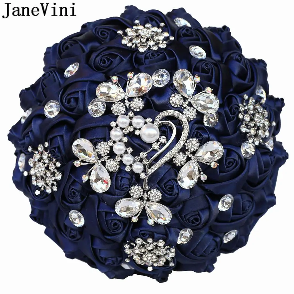 

JaneVini Custom Size Color Bride Bouquet Navy Blue Satin Crystal Flowers Bridal Bridesmaid Wedding Bouquets Bukiet Niebieski