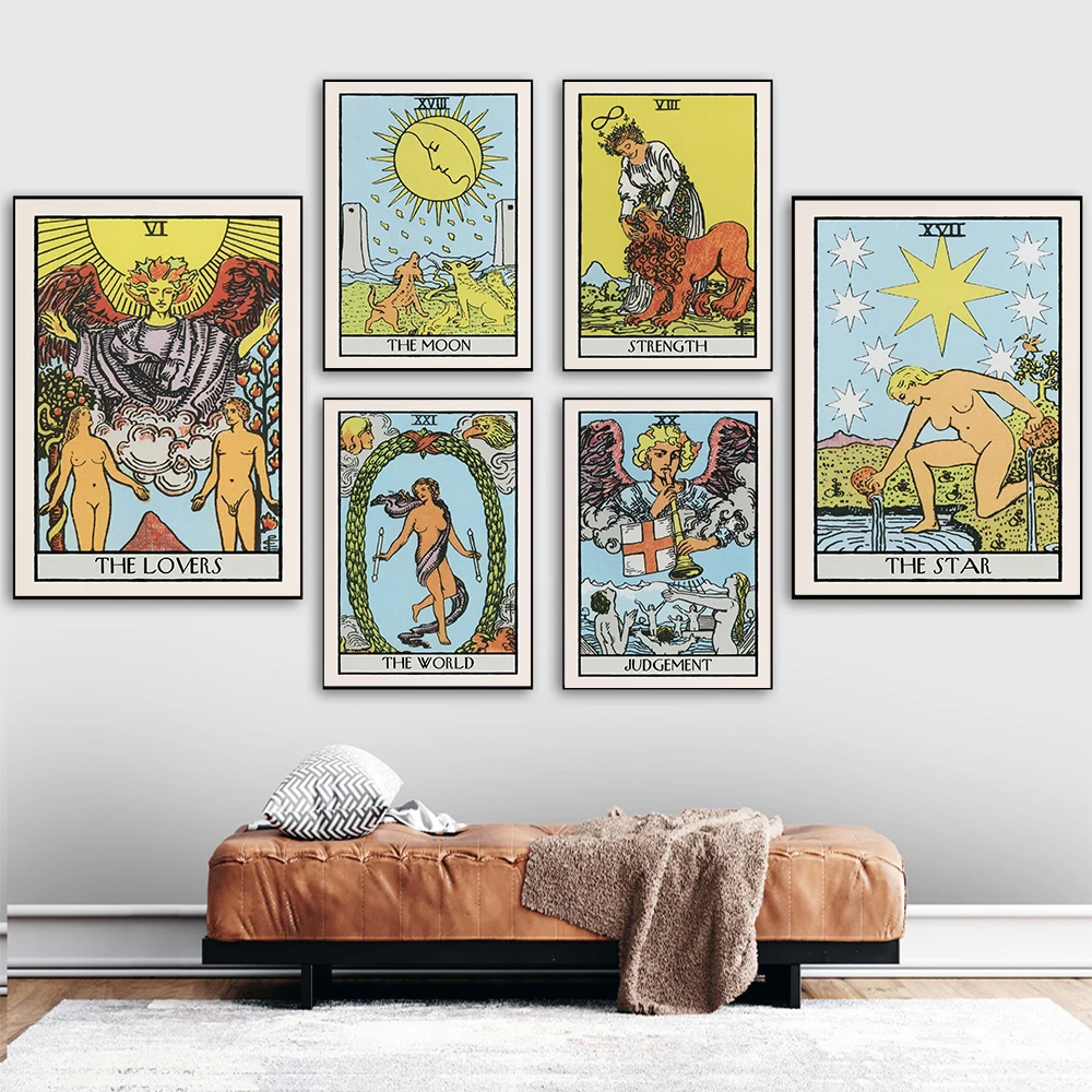 

Fortune Telling Judgement Tarot Card Prints Wall Art Zodiac Quote Poster Strength Star Sun Canvas Painting Retro Pictures Decor