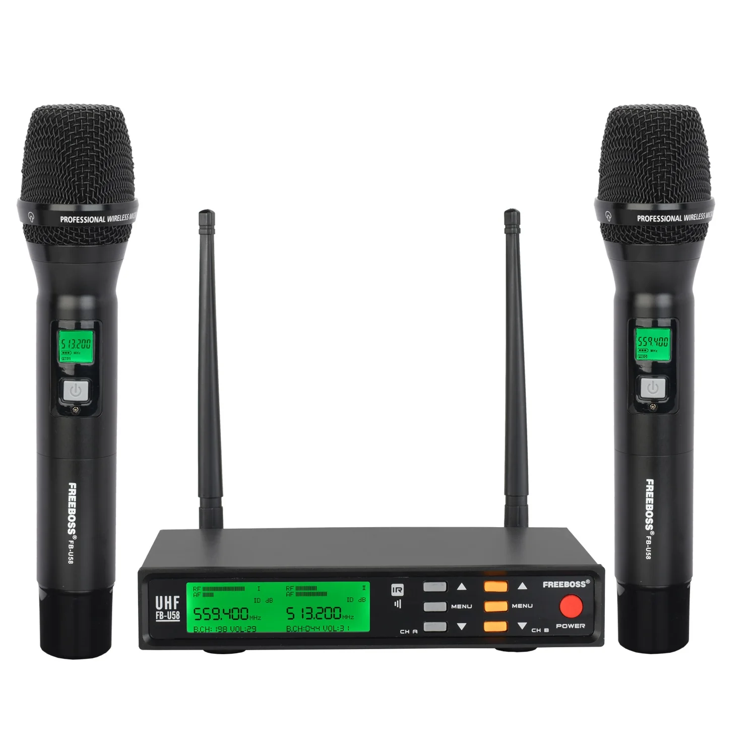 

Freeboss FB-U58 UHF 2*200 Регулируемая частота металлический Ручной ЖК-экран Smart Option ECHO и EQ effec микрофонная система для DJ