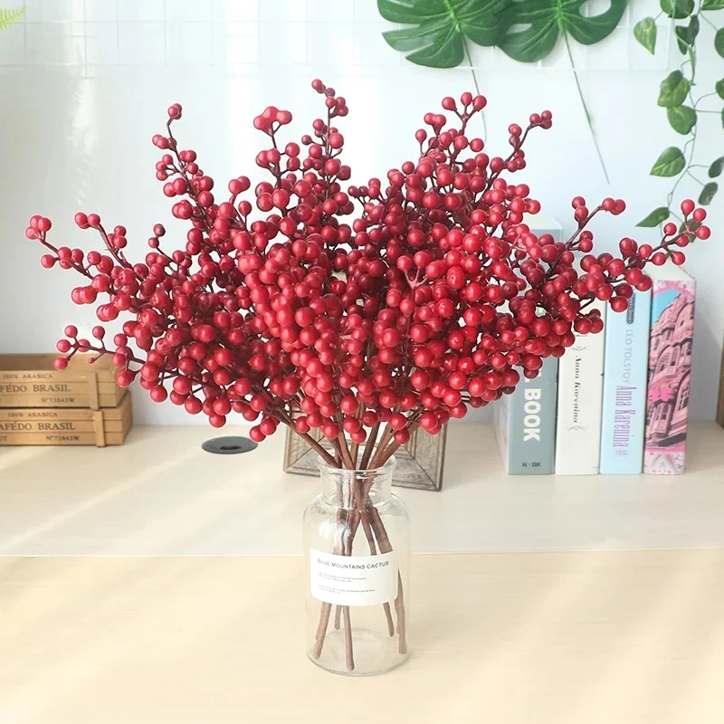 5 Fork Single Red Berry DIY Christmas Decorations For Home Wedding Party Decoration Artificial Flower Berry Fake Flower Branch