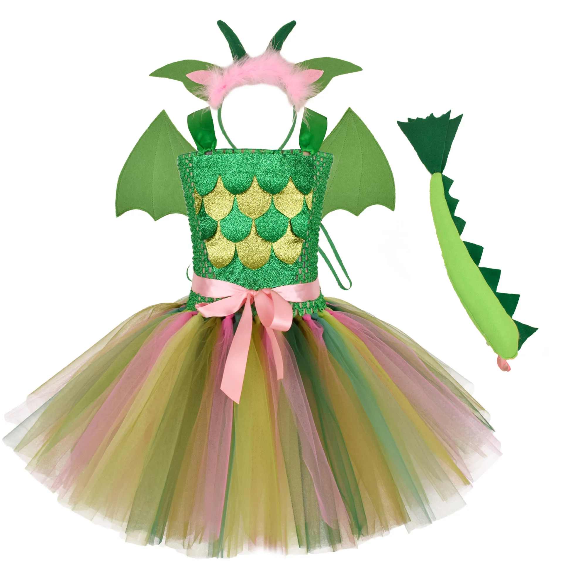 Green Kids Girls Dinosaur Dresses Birthday Party Tutu Dresses for Baby Cartoon Princess Girls Costumes Set for Halloween