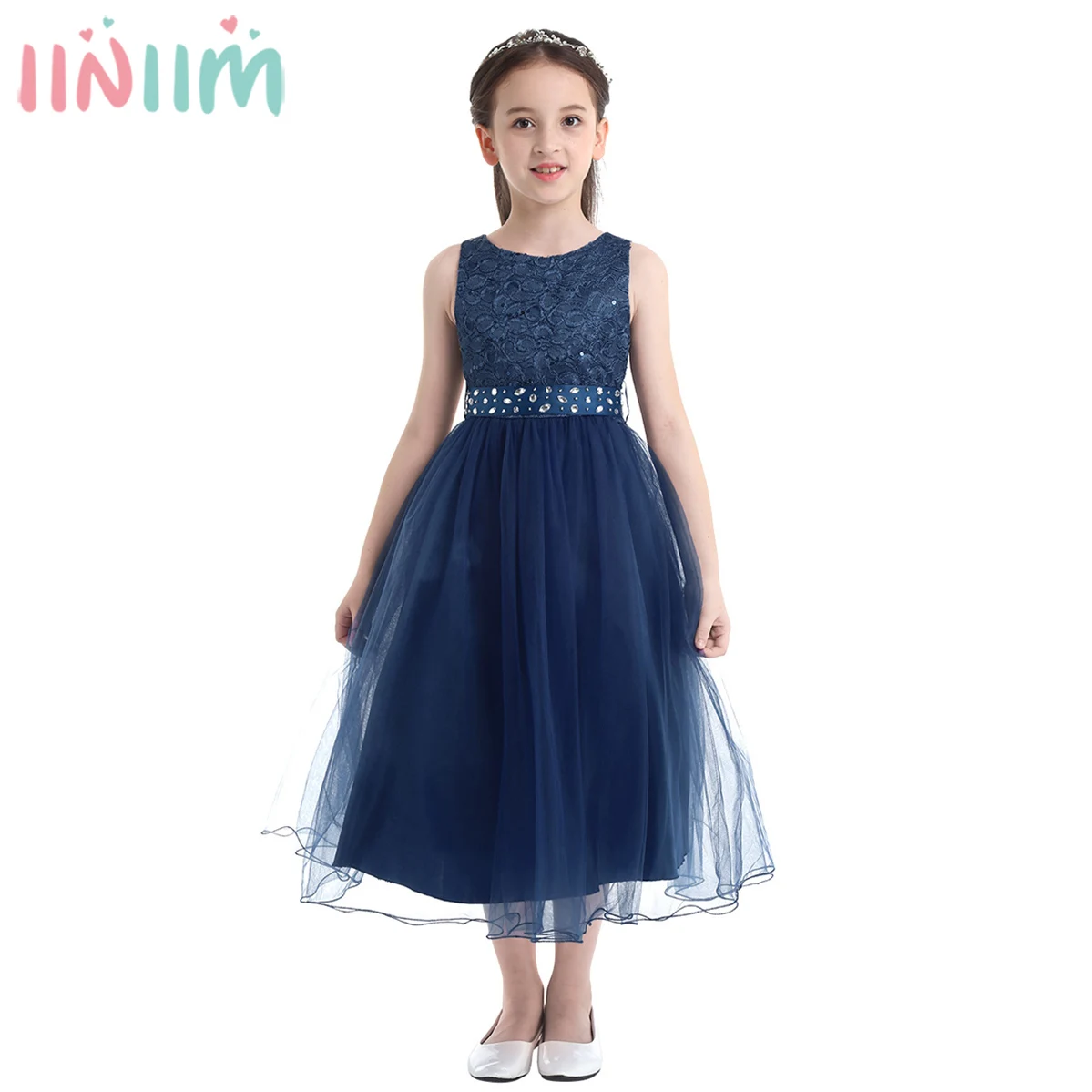 iiniim Toddler girl dresses Kids Flower Dress Princess Dress Crossed Back Lace Vestido de festa Costume Party Prom Dresses