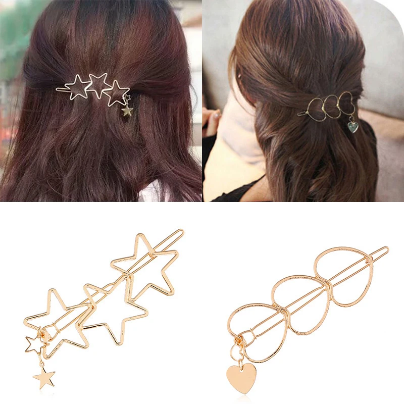 Simple Gold Color Geometric Hair Clips Pin Sweet Hollow Hair Barrette For Women Girl Cat Star Hair Circle Moon Hair Accessories