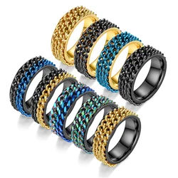 Anxiety Fidget Spinner Rings for Men Women 8mm Stainless Steel Spinning Rotatable Cuban Chain Ring Anti Stress Jewelry