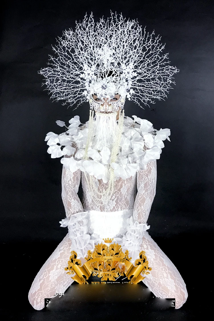 Sexy men stage dance LED lights White Branch headdress dance wear Christmas Valentine\'s day party performance show costume