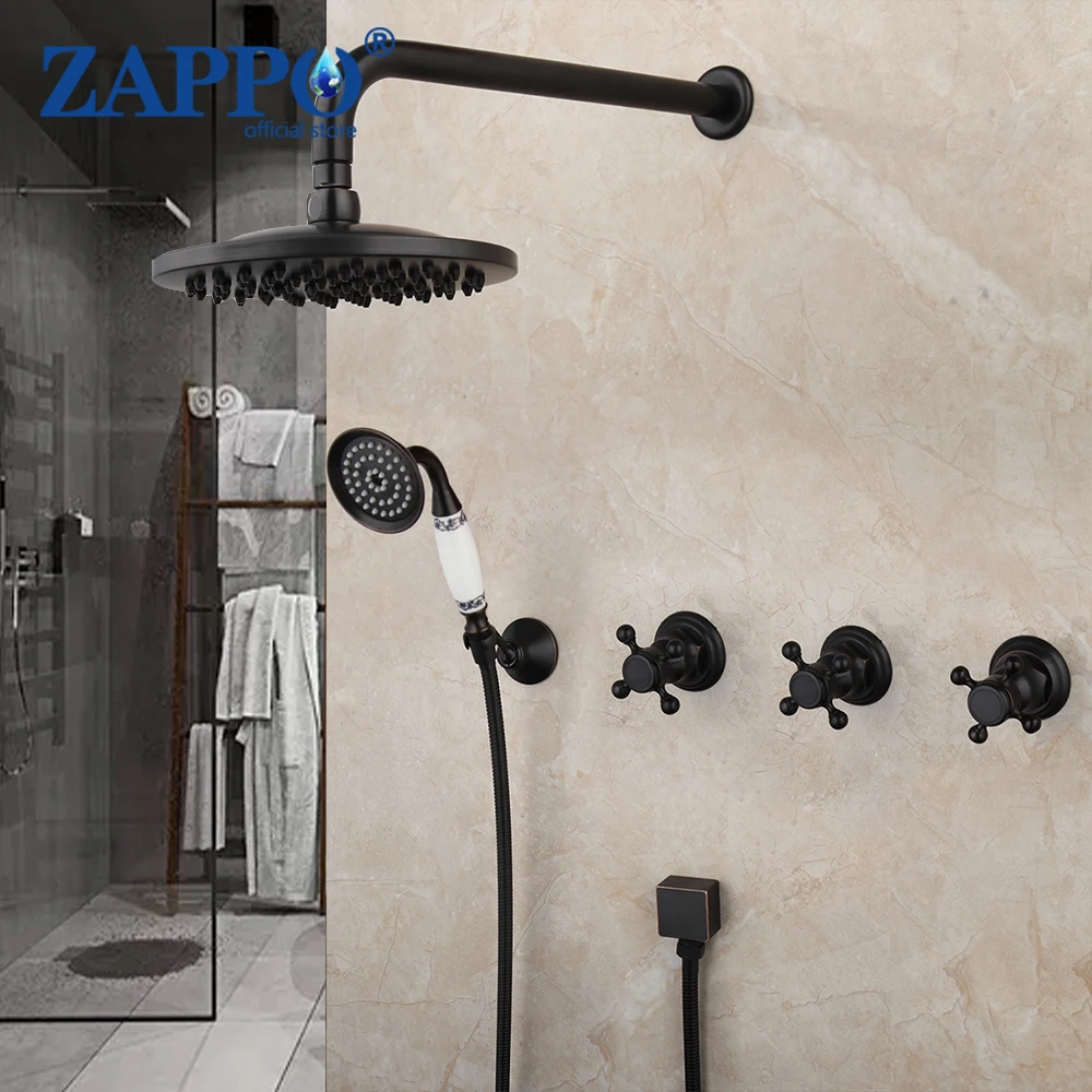 

ZAPPO Wall Mounted Black Shower Set Torneira 3 Handle Handheld Shower Spray Bathroom Rainfall Bathtub Sink Tap Mixer Faucets