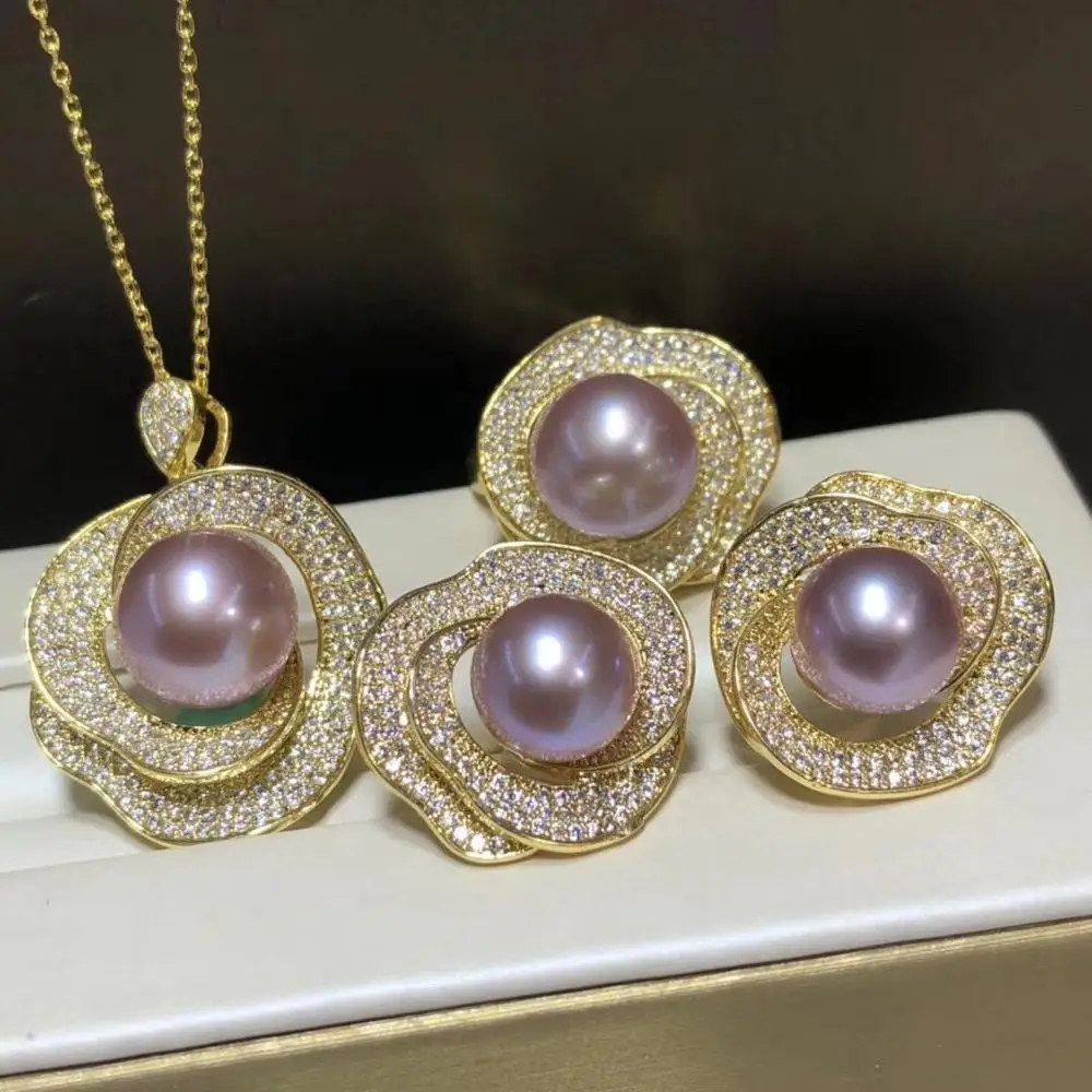 D510 Pearl Set Fine Jewelry Round 10-13mm Natrure Fresh Water Light Purple Pearls Jewelry Sets for Women Presents