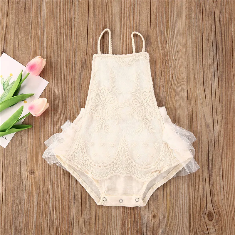 Summer Newborn Baby Girls Clothes Sleeveless Lace Crochet Flower Halter Neck Backless Romper Jumpsuits One-piece Outfit Sunsuit