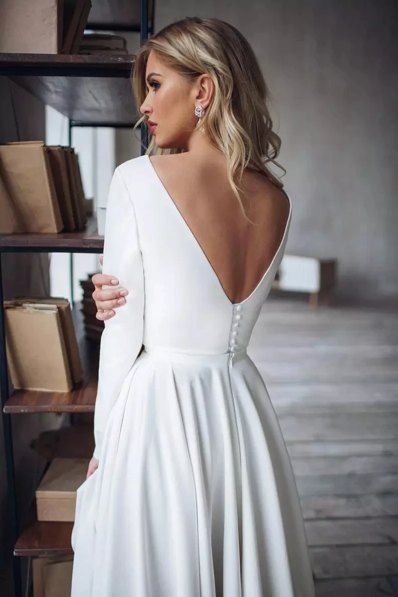 FDHAOLU FU157 White Long Sleeve Soft Satin Wedding Dresses 2023 Open Back High/Low Beach Boho Bride Gowns A-line Party Dress