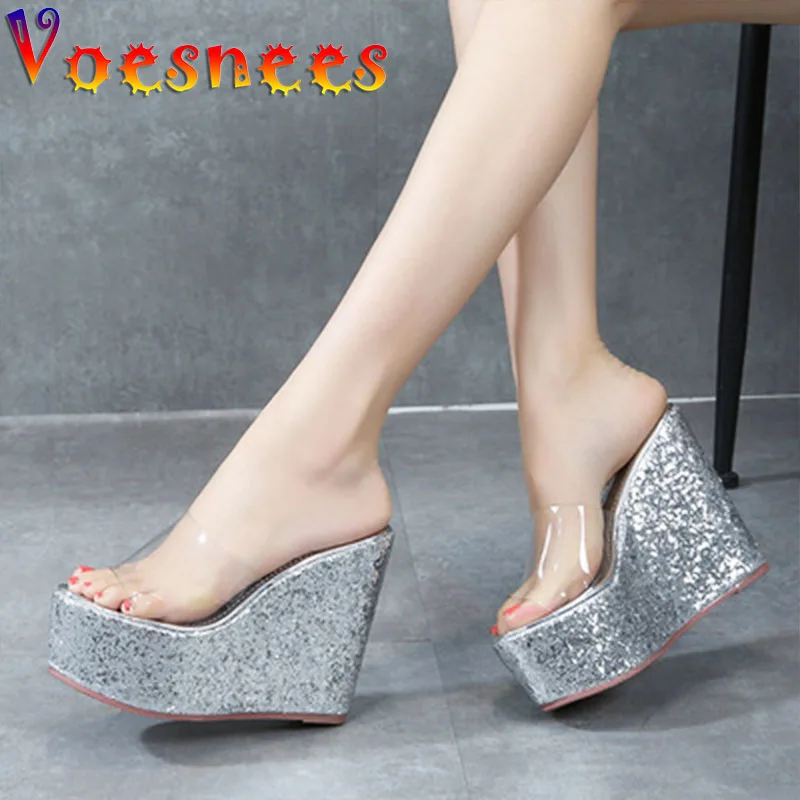 Voesnees Women Slipper Fashion Sequin Wedges Sandals Shoes 2021 Summer New PVC Sexy Transparent Lady High-Heeled Shoes 12CM 14CM