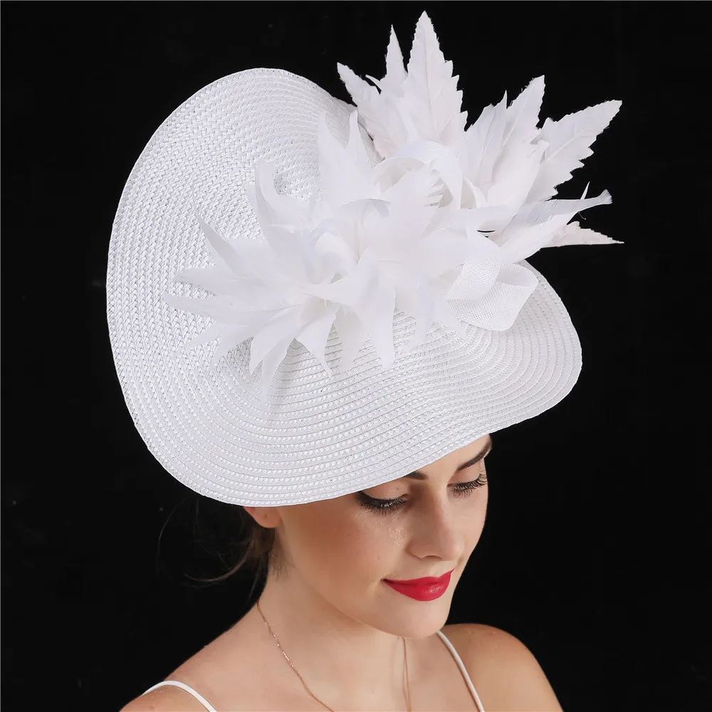 Bride White Chic Fascinator Hat Cocktail Wedding Church Headpiece Kentucky Headwear Feather Flower Women Leaf Decor Fascinator