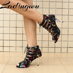 Ladingwu novo estilo sapatos de dança latina rumba tango botas de dança salsa padrão nacional sapatos de dança moda impresso camurça chapeamento h