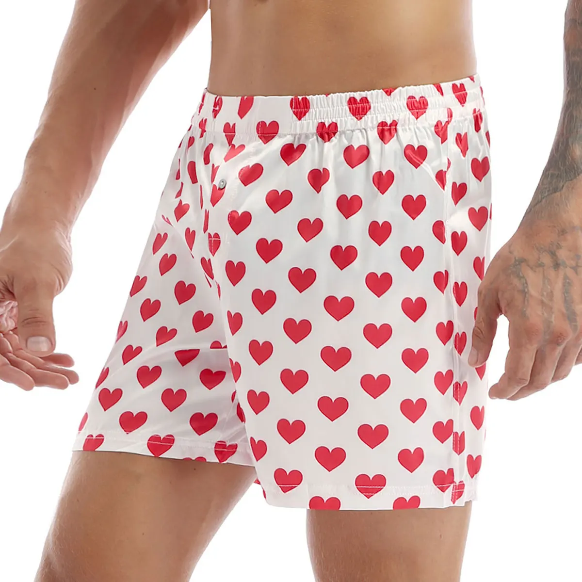 Men Cute Love Heart Print Loose Boxer Shorts Soft Lightweight Sports Pants Beach Shorts Daily Wear Lingerie Sleepwear Homewear