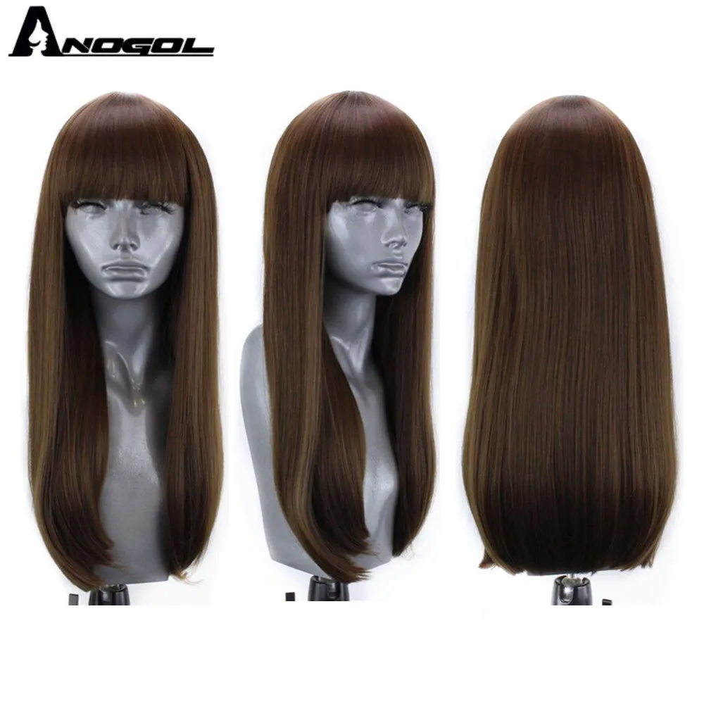 Anogol Wine Red Black Brown Gray Pink Blonde Synthetic Wig with Bangs for Women Long Straight Heat Resistant Hair Wig