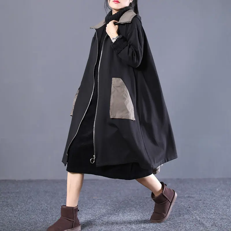 Cloak Style Coat Trench Women Spring and Autumn Clothing Hooded Loose Large Size Color Matching Spliced Zipper Windbreaker K1252