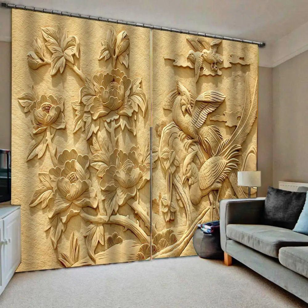 

Relief 3D Curtain Luxury Blackout Window Curtain Living Room retro yellow curtains stereoscopic curtains