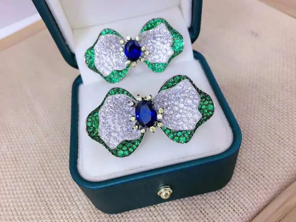 925 sterling silver with cubic zircon bowknot brooch double layers fine women jewelry green blue color free shipping