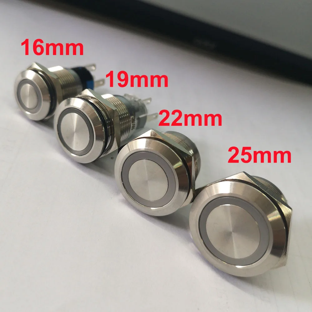 16Mm 19Mm 22Mm 25Mm 30Mm 3V 12V 24V 220V Ring Led licht Momentary Push Knoppen Schakelaar Dpst Metalen Industriële Boot Auto Diy Schakelaar