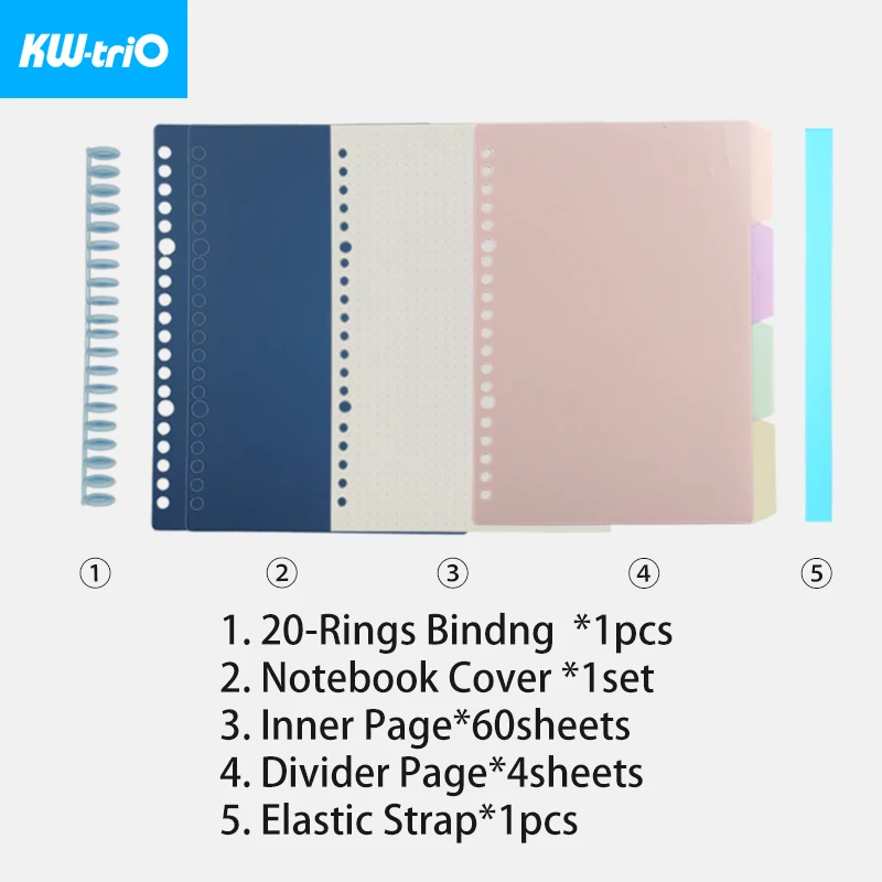 KW-triO A5 Loose-leaf Notebook Dot Grid Inner Page 60 Sheets Elastic Strap Divider Page Diary Planner Binder School Accessories