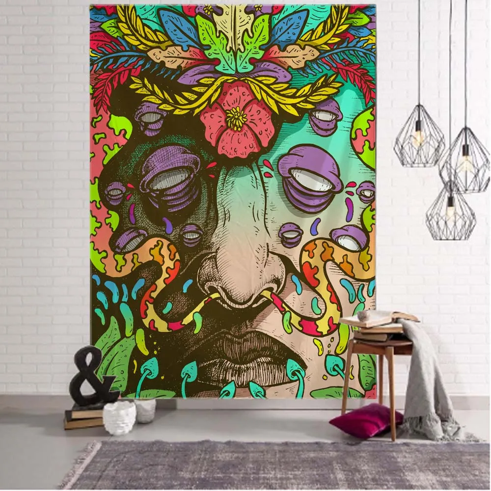 Psychedelic floral tapestry wall hanging plant hippie background aesthetics home living room bedroom dormitory wall decoration