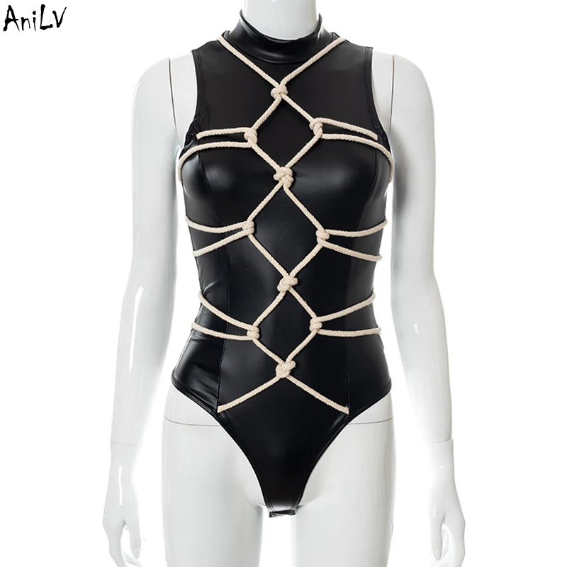 AniLV 2022 New Women Leather Cross Rope Tight Bondage Bodysuit Costume Locomotive Punk Girl Pajamas Unifrom Cosplay