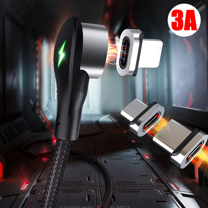 Magnetic Cable 90 Degree Magnetic Charger USB Cable Fast Charging Wire LED Lighting Phone Cable Quick Charge 4+ 3.0 Charger Cord