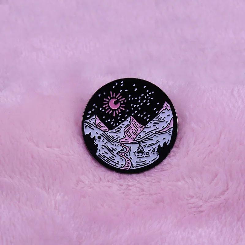 Night sky sunset brooch Mountain enamel pin  adventure jewelry exploring nature forest badge