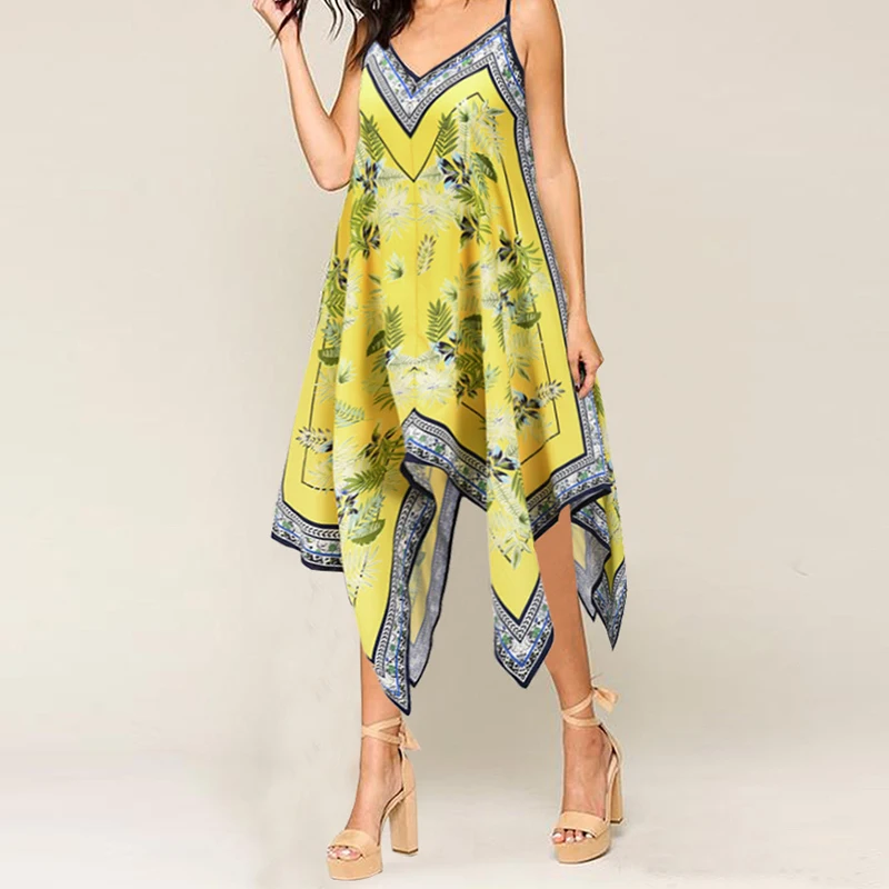 

Summer V-neck Slim Irregular Retro Print Women's Bohemian Mid-length Dress Hem Sleeveless Sexy Beach Dresses Refreshing