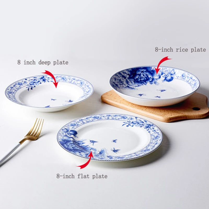 Jingdezhen-Blue and White Porcelain Tableware, Ceramic Dinner Plate, Rice Dishes, Bone China, Household, 6 \