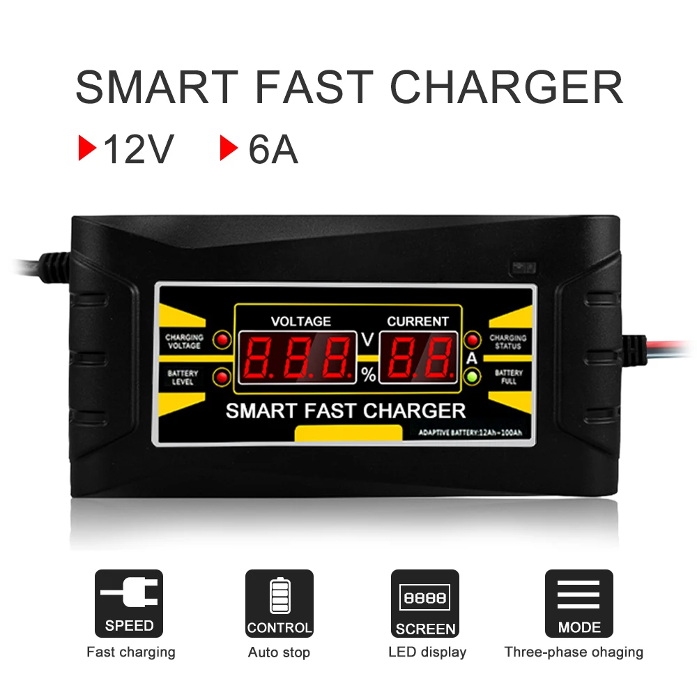 Voll automatisches Autobatterie ladegerät 110V 220V bis 12V 6a intelligentes Schnell laden für nasses, trockenes Blei-Säure-Gel-Batterie-LCD-Display