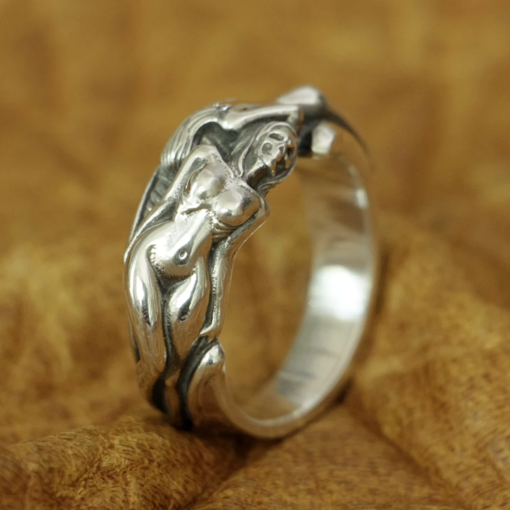 

925 Sterling Silver Sexy Naked Beauty Skull Ring Mens Biker Ring TA185 US Size 7~15