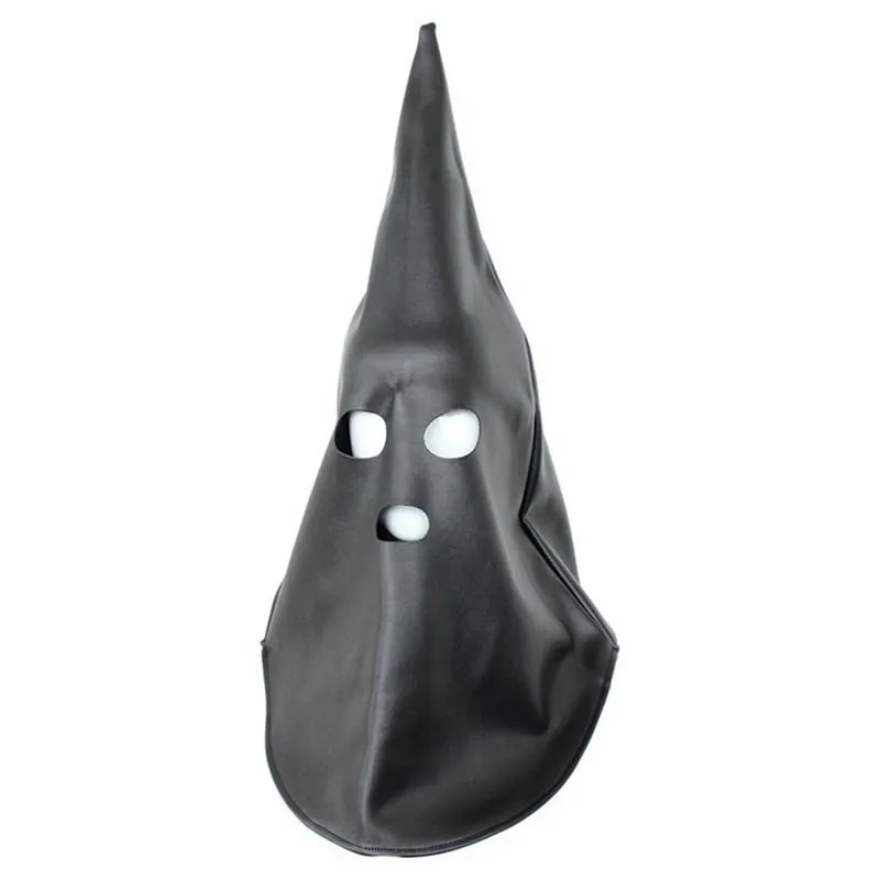 Black Faux Leather Coned Hood With Open Eyes and Mouth Kinky Demon Role Play Fetish Gimp Costume