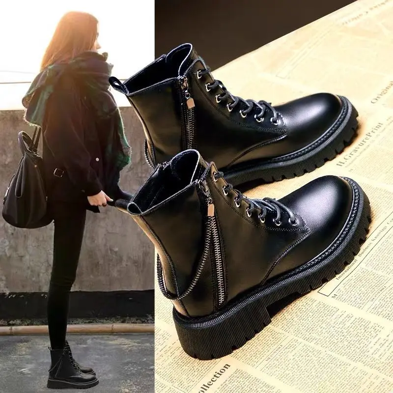 

Женские ботильоны 2022, Осенние мотоциклетные ботинки, обувь на толстом каблуке и платформе, женские модные ботинки без застежки с круглым носком