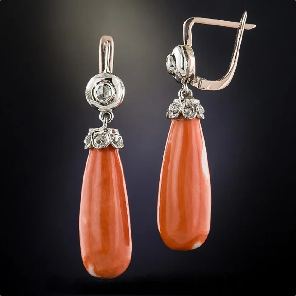 Banny Pink Vintage Water Drop Orange Stone Stud Earring For Women Ethnic Chic Coral Antique Metal Ear Fashion Jewelry